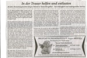 Zeitungsartikel: 20 Jahre Bestattungen Meinel in der Presse